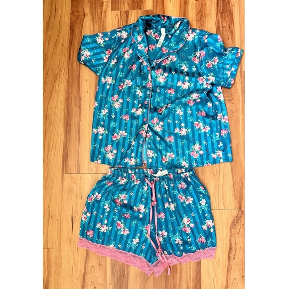 Floral Pajama Set Teal Pink Striped Sleepwear  Matching Shorts Button Up Size M - Picture 2 of 7